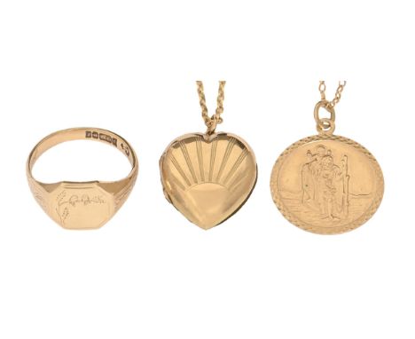 A 9ct gold ring, St Christopher pendant and necklet, 7g and a giltmetal locket (4)  Good condition