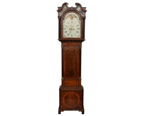 A George III mahogany eight-day longcase clock, Chamlley, Newcastle, the 13 inch breakarched and painted dial with brass ring