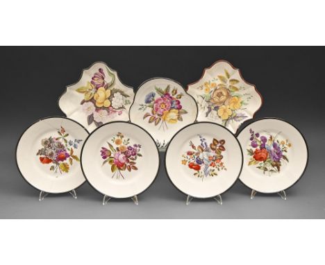 Seven Don Pottery fine white earthenware dessert plates and dishes, c1810, painted in bright enamels with groups of flowers, 