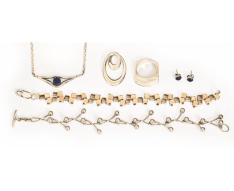 Niels Erik From. A Danish lapis lazuli and silver necklet, 40cm l, marked FROM and 925 S, a pair of similar ear studs, two mo