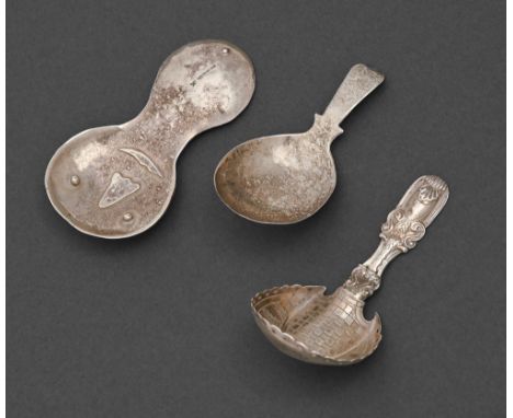 A George IV silver caddy spoon, the bowl engraved with stiff leaves and chequer pattern, pierced border, 78mm l, by John Bett