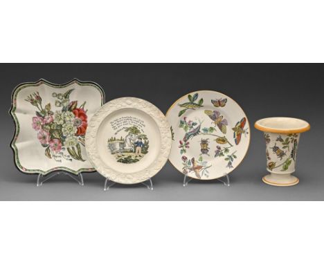 A Don Pottery pearlware vase, shaped square dessert dish and two plates, c1825, including a child's plate, with various print