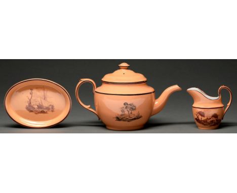 A Don Pottery Chalcedony or Orange Body teapot, cover, stand and milk jug,&nbsp;with black or red bat prints of putti or land