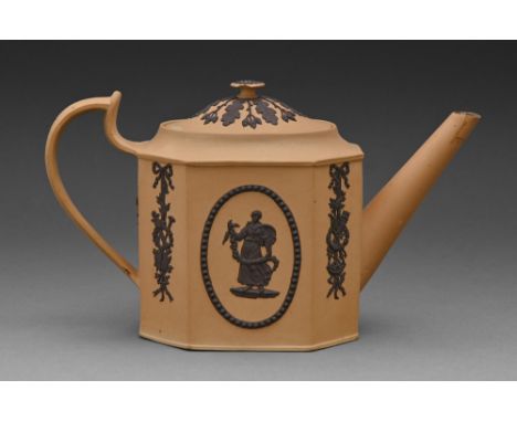 A rare Don Pottery neoclassical caneware octagonal teapot and cover, c1805, with fine black sprigging of classical figures in