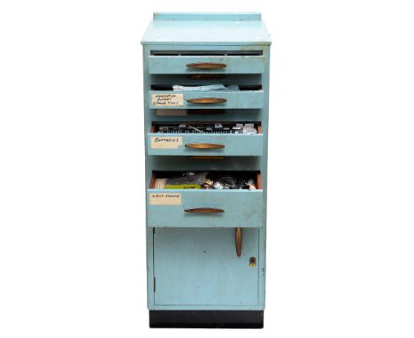 Miscellaneous tools and clock and watch parts, including wristwatch bracelets, in blue painted wood cabinet  
