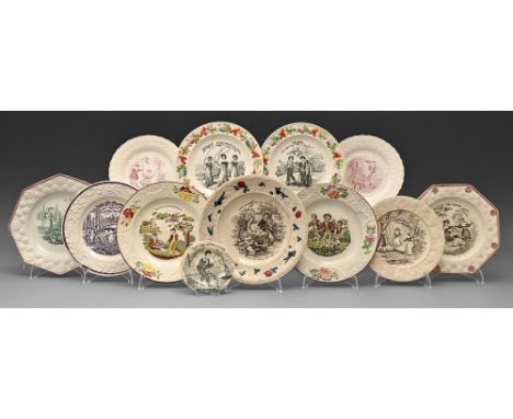 Children's China. Two Staffordshire nursery plates, c 1820,&nbsp;transfer-printed in black with FEMALE SCHOOLFELLOWS, See tho