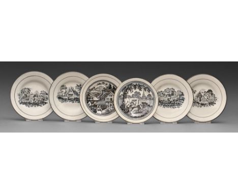 Six Don Pottery underglaze black printed pearlware cup plates, c1825-1830, with various rural scenes and brown enamel rim, 12