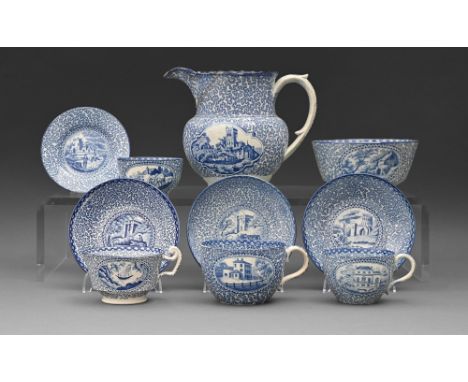 A Don Pottery blue printed pearlware Vermicelli pattern jug and group of teaware, c1820, jug 16cm h, printed lion mark or unm