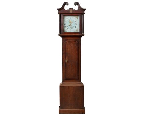 A George IV oak thirty-hour longcase clock, Owns, Wymeswold, the 11.5 inch repainted dial with date sector and birds to the c