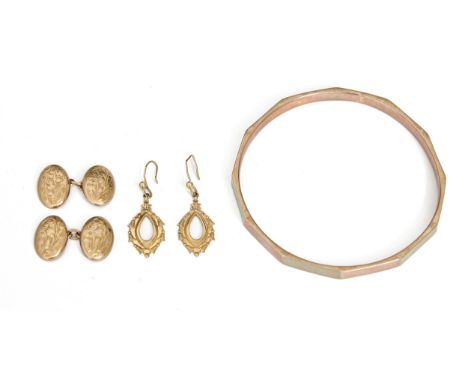 A 9ct gold bangle, pair of cufflinks and pair of earrings, various makers and dates, 14.9g  Bangle with wear consistent with 
