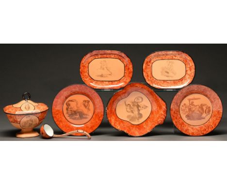 A rare Don Pottery Chalcedony or Orange Body dessert service, c1806-1815, with classical bat print within faux bois border an