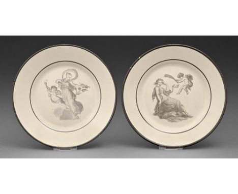 A pair of Don Pottery fine white earthenware plates, c1805-1810, with classical bat prints in black enamel rim, 18.5cm diam a