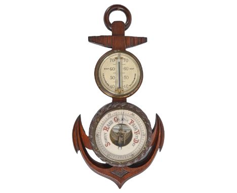 An Edwardian carved mahogany ship’s anchor novelty aneroid barometer and thermometer, H Blackham &amp; Son Wolverhampton,&nbs