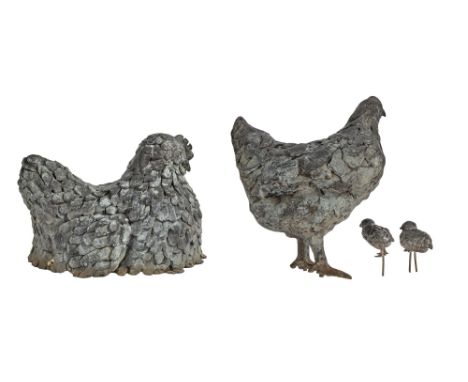 Garden ornaments. A group of four bronze sculptures of a family of hens and chickens, early 21st c, 23cm h and shorter  Weath