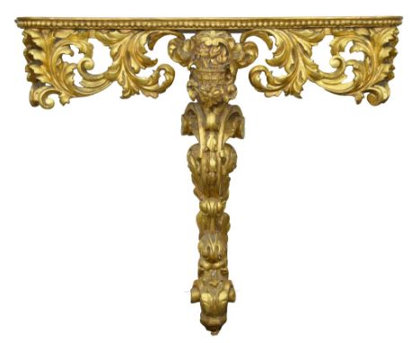 A giltwood console table, 19th c, the beaded serpentine top above a deep apron of scrolling acanthus leaves, on conforming ce
