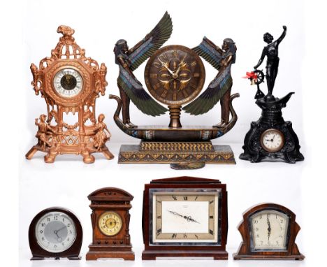 An art deco style mantle clock, the dial inscribed Mensell Lincoln, 23cm h, a Smiths sectric Bakelite mantle clock, 14cm h, a