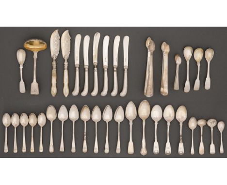 Miscellaneous English and Scottish silver small flatware, mostly George III-Victorian, including two pairs of sugar tongs and