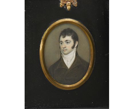 English School, early 19th century - Portrait Miniature of a Young Man, in white stock and brown coat, ivory, oval 73mm, papi