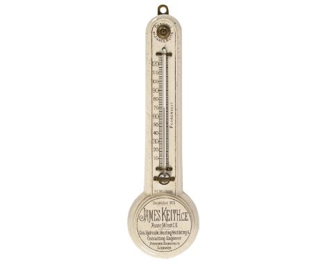 Advertising. An English glazed earthenware advertising thermometer, designed by James Keith, c1890, of thermometer shape, the