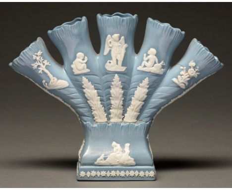 A smear glazed blue stoneware 'quintal' vase, possibly Don Pottery, c1810, sprigged with classical figures, 16.5cm h, collect