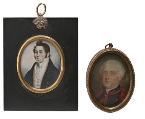 English School, early 19th century - Portrait Miniature of a Gentleman, in white stock and dark blue coat, ivory, oval 74mm a
