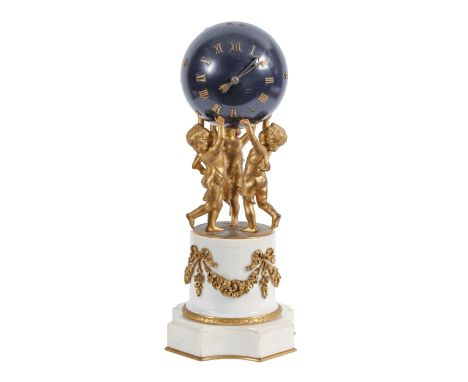 A French ormolu globe clock, late 19ths/early 20th c, the blue painted sphere of the heavens applied with gilt brass roman nu