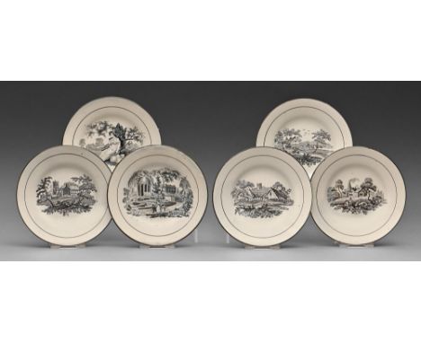 Six Don Pottery black transfer printed pearlware cup plates, c1820-1830,&nbsp;various subjects, comprising shepherdess and sh