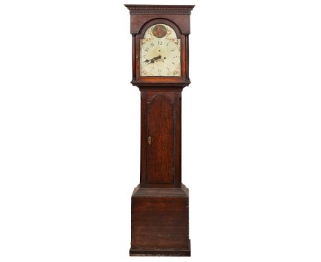 A George III oak eight-day longcase clock, the 12.5 inch breakarched painted&nbsp;dial (faded) with date sector and subsidiar