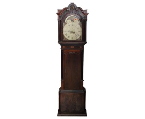 A Victorian mahogany and inlaid eight-day longcase clock, the 13.5 inch breakarched and painted dial indistinctly signed, fru