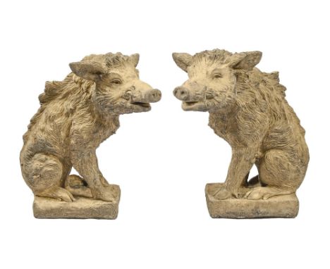 A pair of reconstituted stone wild boar garden ornaments, 55cm h  