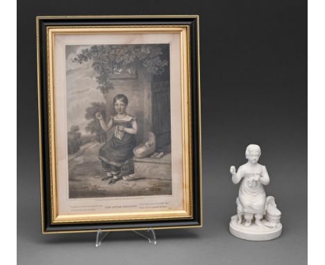 A Rockingham biscuit figure of the Little Busybody, c1820-1840, 14.5cm h, incised No 28 and the original source print, engrav