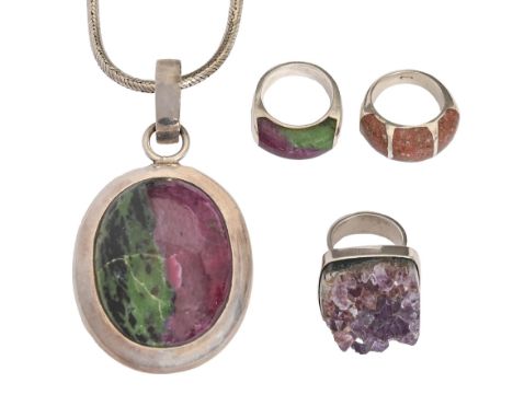 A ruby zoisite pendant and ring, both in silver, pendant 85mm h overall and on silver necklace of Brazilian mesh, a similar d