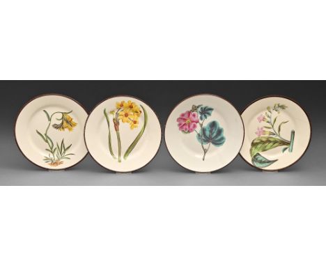 Three Don Pottery fine white earthenware&nbsp;botanical&nbsp;dessert plates and a pearlware example, c1810,&nbsp;well painted