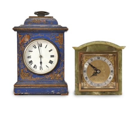 A blue japanned mantle timepiece, 1930s, 24cm h and an onyx timepiece (2)  Movement untried, wear to japanned case, onyx cloc