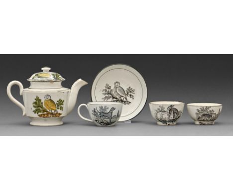 A group of Don Pottery black transfer printed pearlware toy teaware, c1825-1830, with an owl or other birds, cat and rabbits,