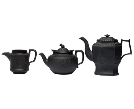 A Don Pottery black basalt teapot and cover, c1805-1810, a contemporary black basalt Death of General Sir John Moore commemor