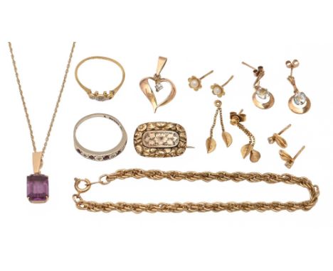 Miscellaneous gold articles, several gem set, 7g and a Victorian mourning brooch and another item  Mixed condition, many good