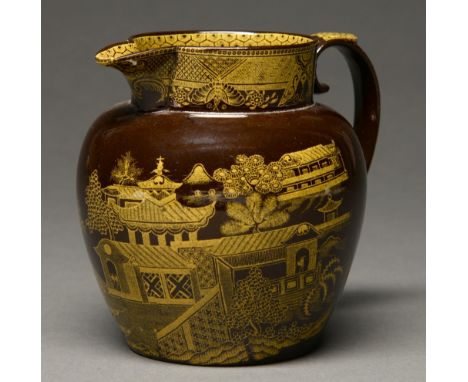 A rare Don Pottery dark-brown body jug, c1810-1815, with yellow chinoiserie underglaze transfer print and diaper inner border