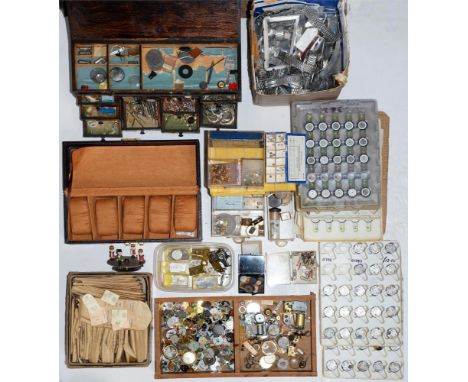 Miscellaneous clock and watchmaker's parts and accessories, including wristwatch bracelets, dials, keys, etc  