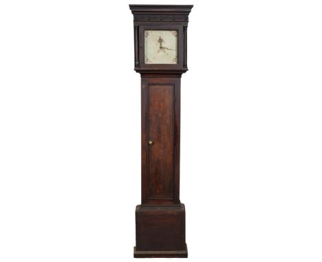 A George III oak thirty-hour longcase clock, the 10.5 inch painted dial with date sector and flowers in flat topped hood with