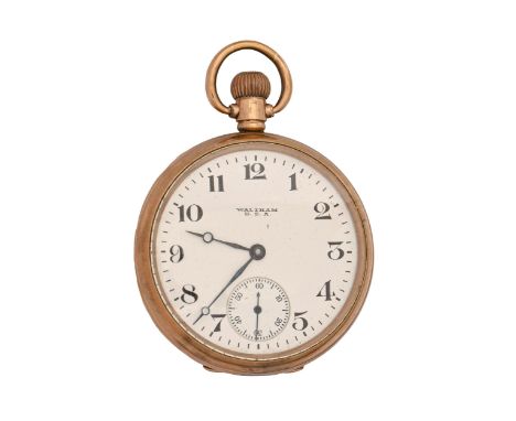 A 9ct gold keyless lever watch, American Waltham Watch Co, No 22866823, with enamel dial and gold cuvette, 49mm diam, casemak