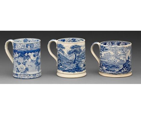 Three Don Pottery blue printed pearlware mugs, c1820-1830, various patterns, 12.5-14cm h, printed lion mark, collectors' labe