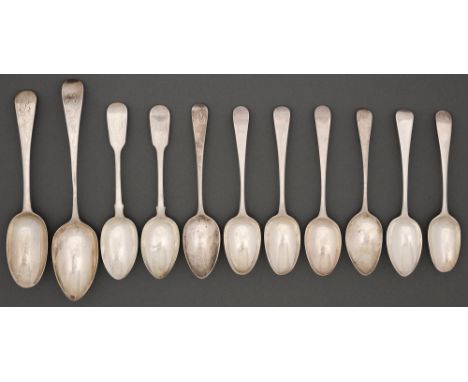 Nine silver dessert spoons and two tablespoons, George III-Victorian, Old English and Fiddle pattern, London and Exeter, 13oz