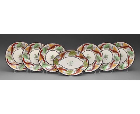 A Don Pottery fine white earthenware dessert service, c1815, enamelled with leaf and tendril border, in brown rim, dish 24.5c