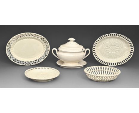 A Don Pottery creamware sauce tureen and cover, twig basket and three pierced round or oval stands, c1800, tureen and cover 1