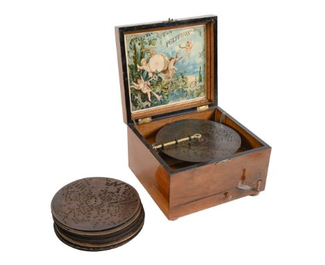 A disc musical box, Polyphon, c1890, to play 20.5cm metal discs, in walnut case with chromolithographed label to the undersid