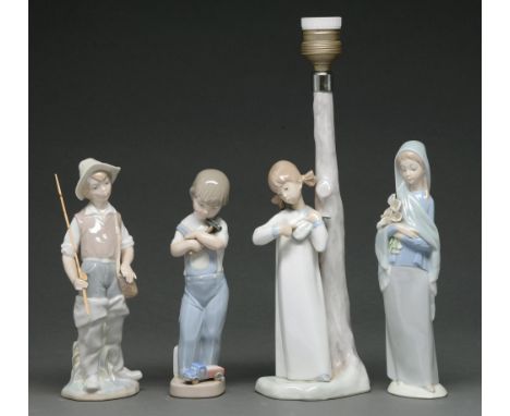 Three Lladro figures and a Nao lamp, lamp 28cm h excluding fitment, printed marks (4)  