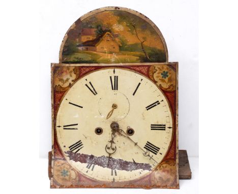 A Victorian longcase clock movement, with damaged 12.5 inch painted dial  Dial bent and rusted to edges, paint lost and flaki