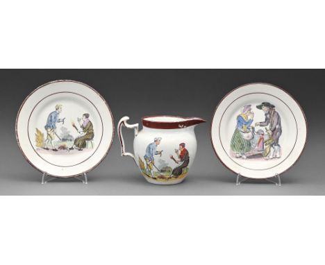 Two Don Pottery underglaze black transfer printed and onglaze enamelled plates and a jug, c1820, with continental peasant sce