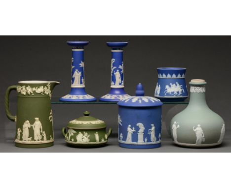 A group of Wedgwood blue or green jasper dip wares, late 19th-early 20th c, sprigged with muses or other classical subjects, 